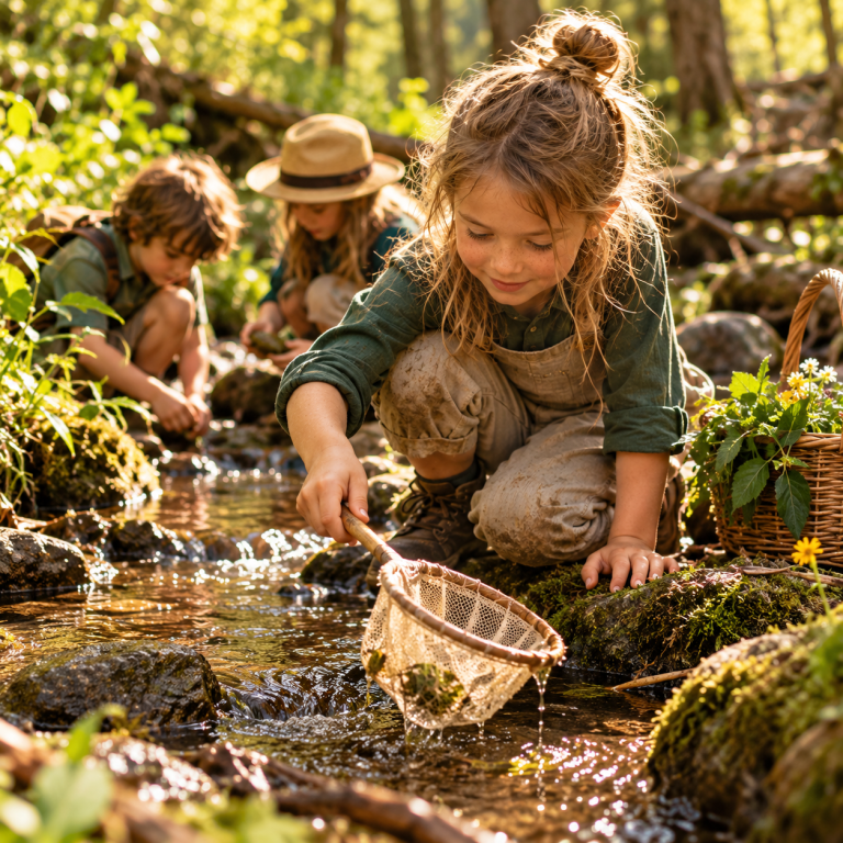 Ferienaktionen und Kindergeburtstage in der Natur Kinder entdecken gemeinsam die Natur und sammeln Pflanzen bei einem Ausflug ins Grüne.