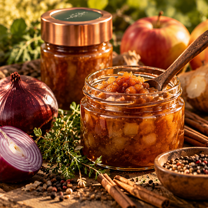 Hausgemachte Chutneys und herzhafte Spezialitäten EIn Glas mit hausgemachtem Chutney steht zwischen Äpfeln, Kräutern und weiteren Zutaten auf einem Holztisch.