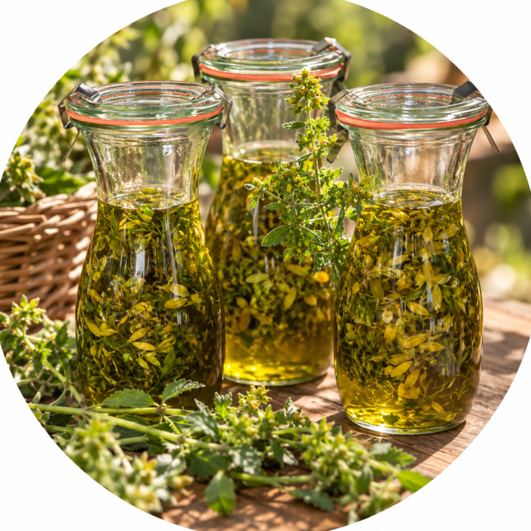 Wildkräuter sammeln und verarbeiten - Kräuterwissen bei WILDHAG Mehrere Gläser mit Johanniskraut in Olivenöl steh auf einem rustikalen Holztisch im Freien