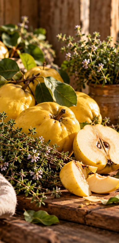 Frische Früchte für die WILDHAG Naturmanufaktur Frische Quitten liegen mit frischem Thymian auf einem rustikalen Holztisch.