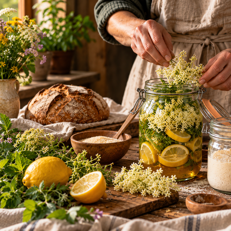 Sauerteigbrot, Fermentieren & Haltbarmachen - WILDHAG Hände füllen Blüten und Kräuter in ein Glas mit Zitronenscheiben. Daneben stehen ein rustikales Brot und weitere Zutaten.
