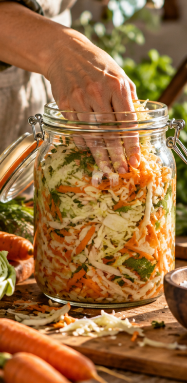 Gemüse fermentieren lernen - Fermentationskurs bei WILDHAG Eine Hand drückt feiin geschnittenes Gemüse mit Kohl, Karotten und Kräutern in ein großes Glas, um es für die Fermentation vorzubereiten.