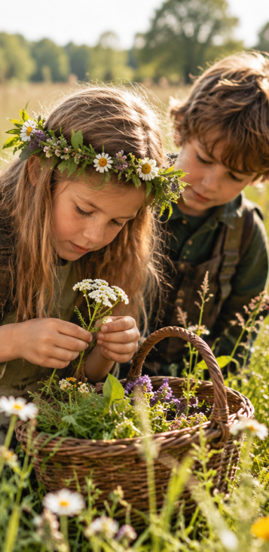 Kinder entdecken Wildkräuter in der Natur Zwei Kinder entdecken und untersuchen gemeinsam Wildpflanzen auf einer blühenden Wiese.