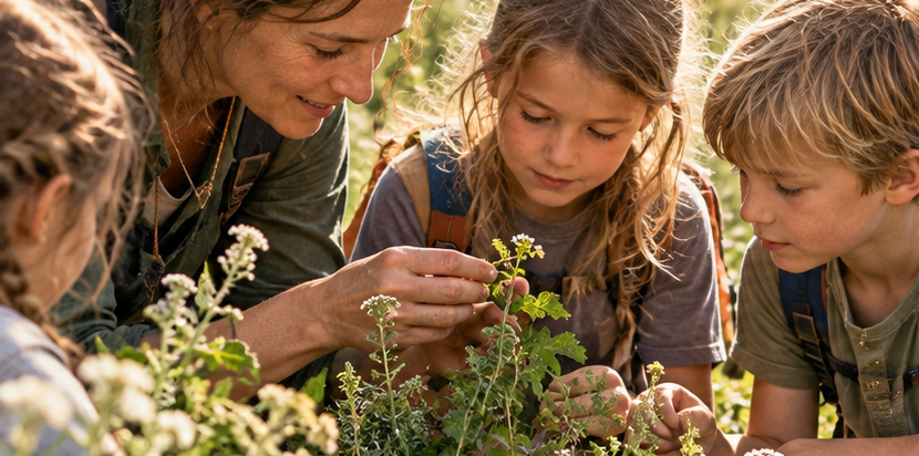 Kinder entdecken gemeinsam mit einer Erwachsenen blühende Kräuter und Pflanzen bei einem Naturerlebnis im Freien.