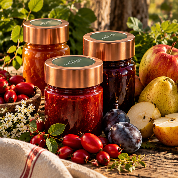 Handgemachte Fruchtaufstriche von WILDHAG Mehrere Gläser mit Fruchtaufstrichen stehen zwischen frischen Beeren, Äpfeln und Birnen auf einem Holztisch.