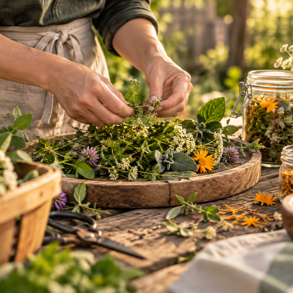 Hände verarbeiten frische Kräuter und Blüten an einem Tisch mit gesammelten Pflanzen.