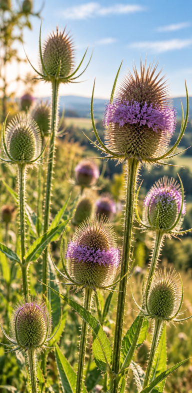 Wilde Karde . heimische Wildpflanzen kennenlernen I WILDHAG Mehrere wilde Karden mit stacheligen Blütenköpfen und violetten Blütenringen wachsen auf einer sonnigen Wiese.