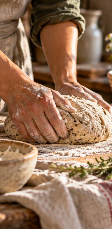 Sauerteigbrot backen lernen - Brotbackkurse bei WILDHAG im Harz Hände bearbeiten einen bemehlten Brotteig auf einer rustikalen Arbeitsfläche - traditionelles Brotbacken mit Sauerteig.