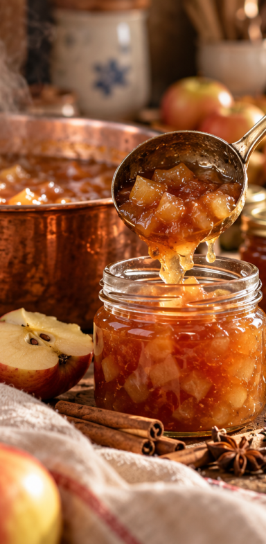 Hausgemachter Fruchtaufstrich mit Äpfeln Ein Glas mit frisch gekochter Bratapfelmarmelade steht auf dem Holztisch, daneben frische Äpfel und Gewürze.