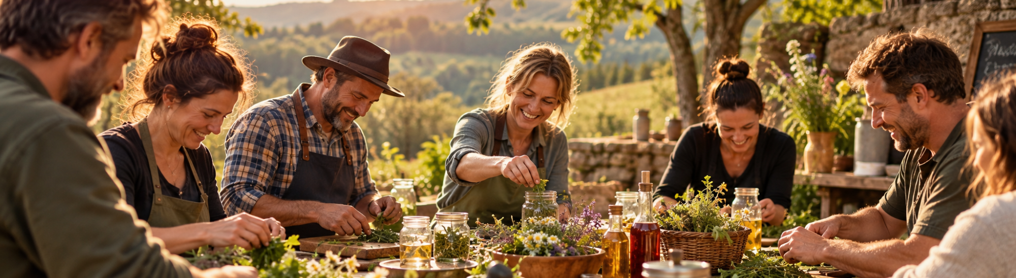 Teamevents & Naturworkshops für Unternehmen im Harz - WILDHAG Eine Gruppe Erwachsener verarbeitet gemeinsam Kräuter und Blüten an einem Tisch im Freien. Gläser mit Kräutern und Naturmaterialien.