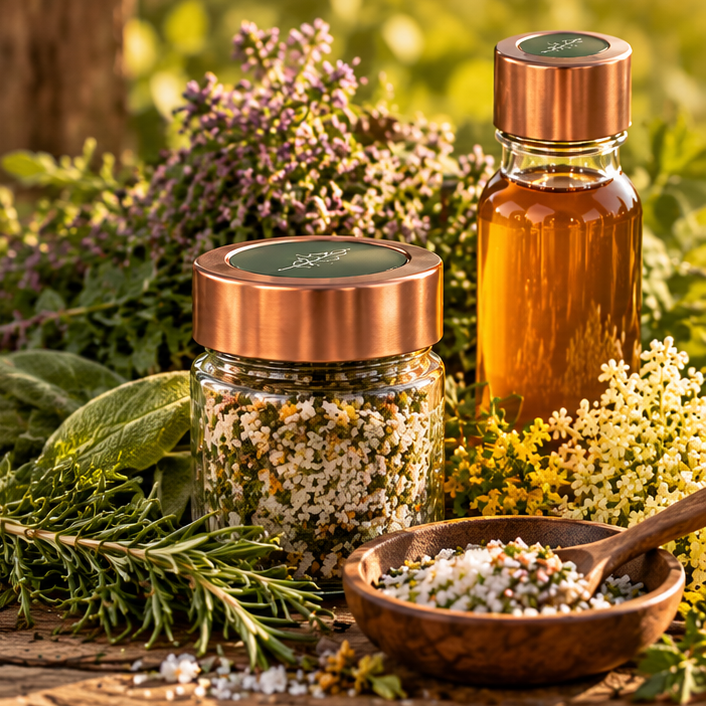 Kräutersalz, Sirup, Oxymel und Tee aus der WILDHAG Naturmanufaktur Gläser und Flaschen mit Kräuterzubereitungen stehen zwischen frischen und getrockneten Kräutern.