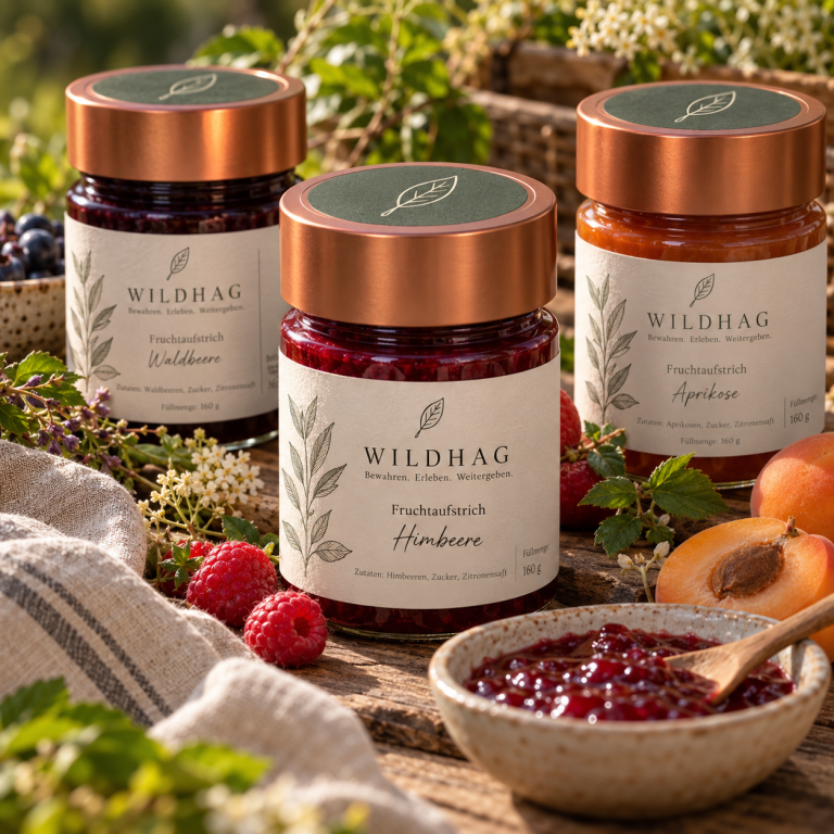 Handgemachte Fruchtaufstriche & regionale Köstlichkeiten - WILDHAG Gläser WILDHAG-Aufstrich mit kupferfarbenen Deckeln stehen auf einem Holztisch neben Himbeeren, Aprikosen und einer Schale Marmelade.