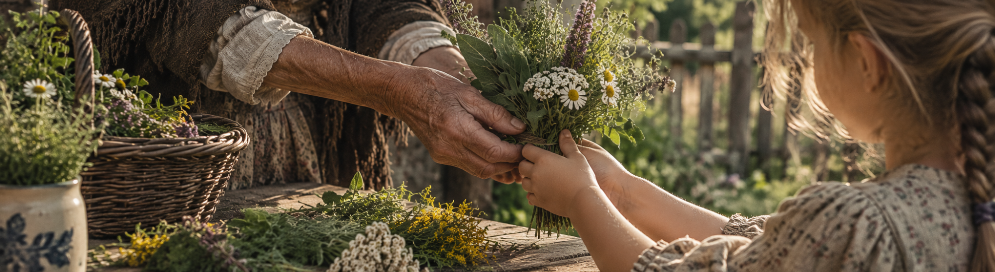 Naturwissen bewahren und weitergeben - WILDHAG Eine Frau und ein Kind entdecken gemeinsam Wildkräuter und Blüten an einem Tisch mit einem gefüllten Kräuterkorb.
