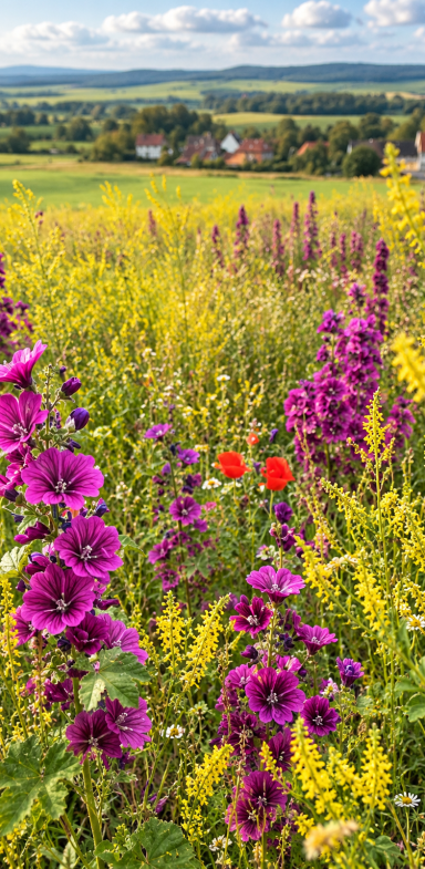 Heimische Wildkräuter entdecken - Kräuterwanderungen im Harz Blühende Wildkräuterwiese mit violetten Malven und gelbem Labkraut in einer sommerlichen Landschaft.