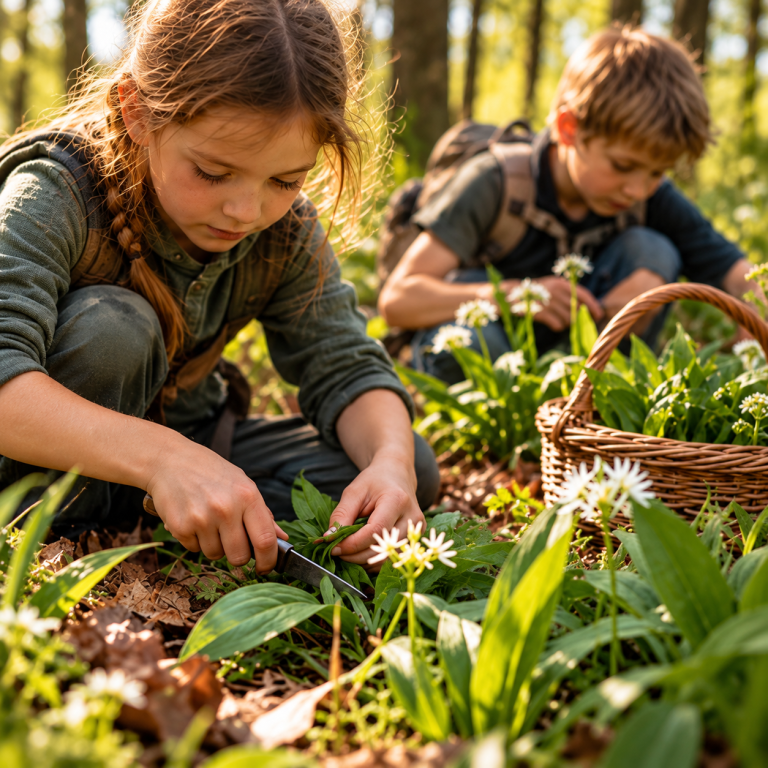 Naturerlebniss & Kräuterworkshops für Kinder - WILDHAG Harz Zwei Kinder entdecken und sammeln Bärlauch im Wald. Neben ihnen steht ein Weidenkorb mit gesammeltem Bärlauch.