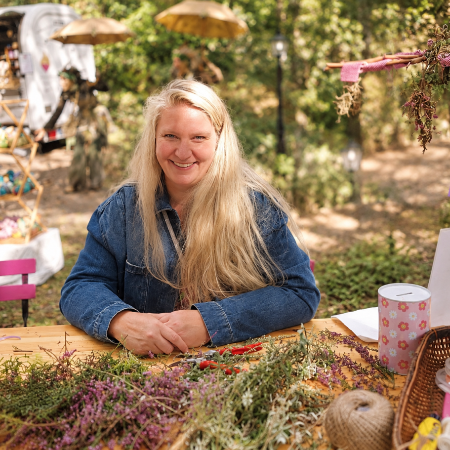 Die Frau hinter WILDHAG - Kräuterfrau und Naturvermittlerin im Harz Die Gründerin von WILDHAG sitzt lächelnd an einem Holztisch mit Heidekraut, Beifuß und weiteren Naturmaterialien.