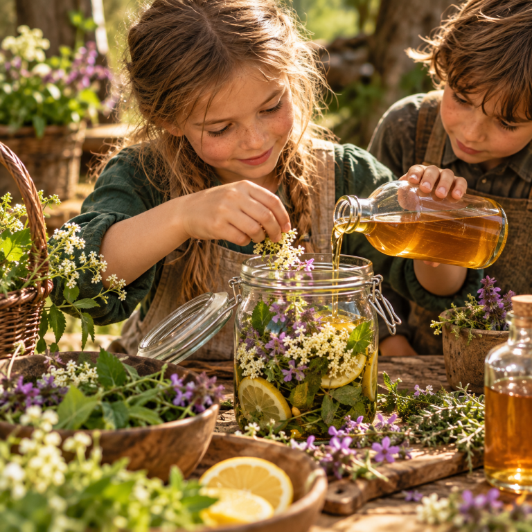 Wilde Küche - Kräuter und Nahrung selbst verarbeiten Ein Kind verarbeitet gemeinsam mit einem anderen Kind Kräuter und Blüten im Glas, um daraus ein Oximel herzustellen.