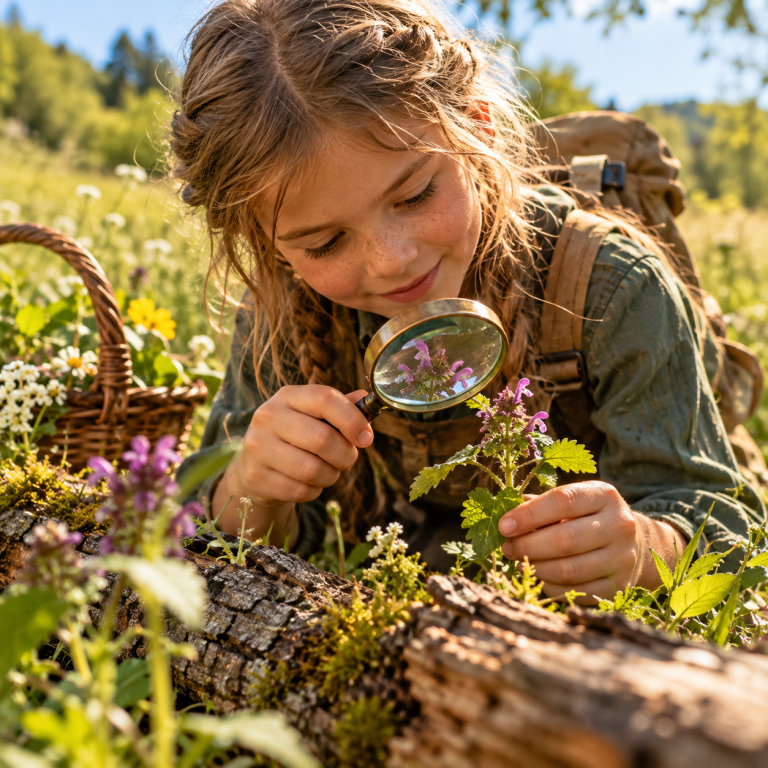 Natur im Jahreslauf - Kinder entdecken Wildpflanzen Ein Kind untersucht mit einer Luoe Wildpflanzen und Blüten auf einer Wiese.