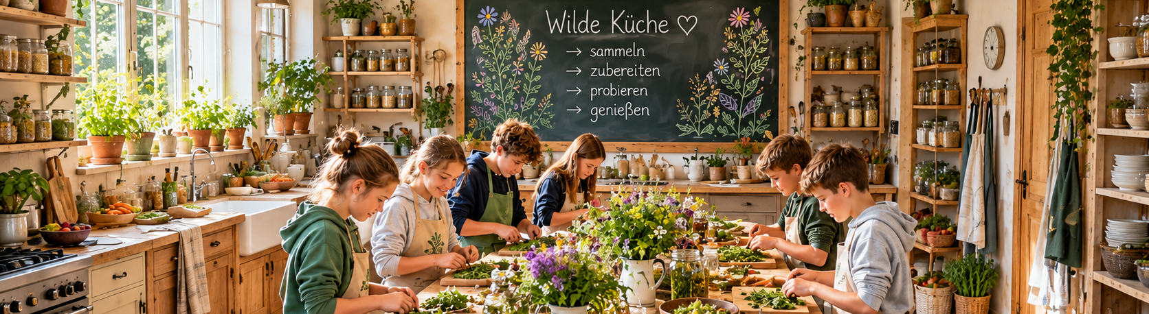 Wilde Küche - Ernährungsbildung und Naturprojekte für Schulen I WILDHAG Kinder bereiten gemeinsam frische Kräuter und Lebensmittel in einer Küche zu. Eine Tafel zeigt die Angebote der wilden Küche.