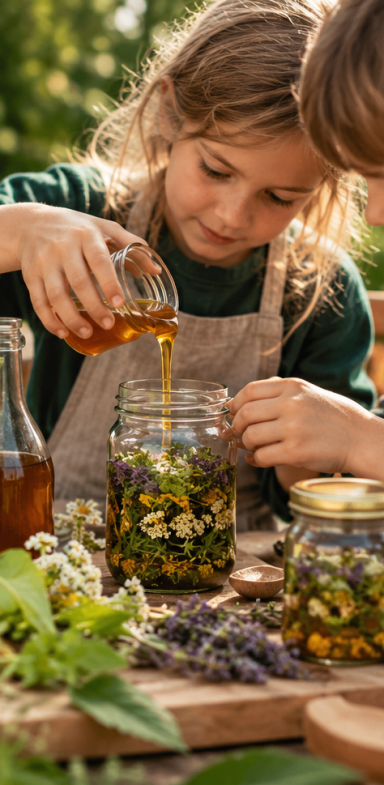 Kinder verarbeiten Kräuter bei WILDHAG Kinder füllen gemeinsam gesammelte Kräuter und Blüten in ein Glas und lernen die Verarbeitung von Wildpflanzen kennen.